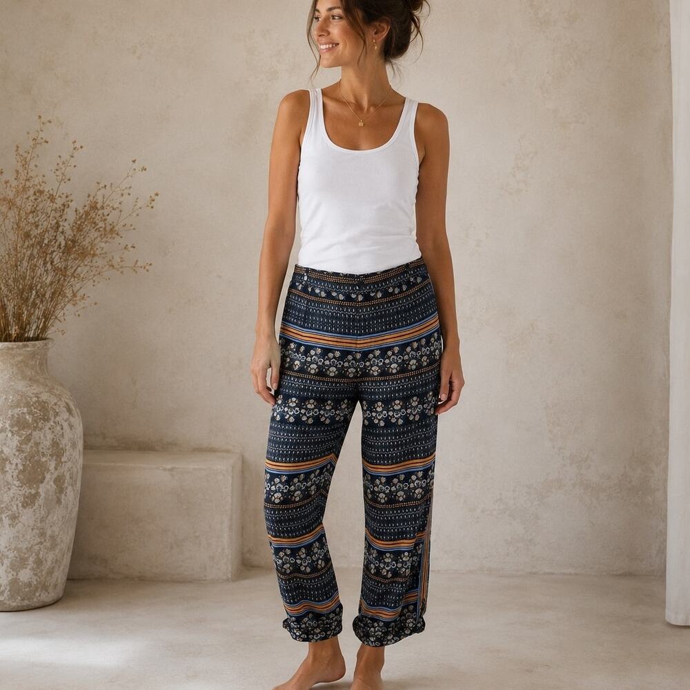 Elevenses Navy Orange Floral Stripe Aralia  Boho Festival Pants  6